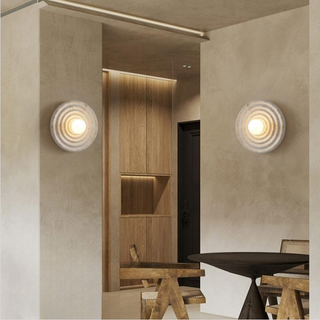 Circle glass resin industrial wall sconce detail — indoor