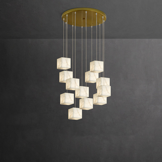 Geometric pendant from below — white alabaster artistic ceiling fixture