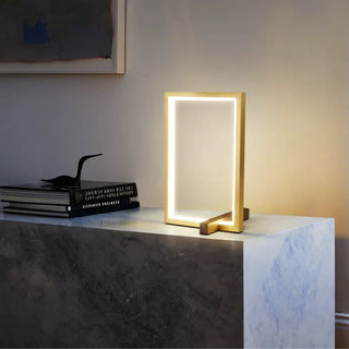 Minimalist square desk lamp — walnut wood copper accent LED