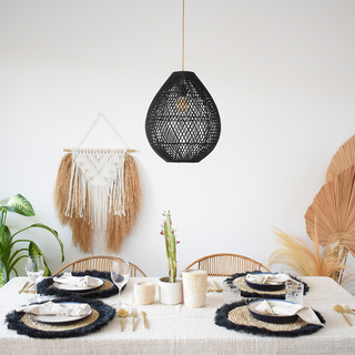 Boho rattan pendant with handwoven black wicker shade
