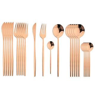stainless steel cutlery 24 piece gold silver rose finish flatware angle view