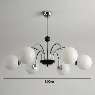 Chrome glass chandelier close-up — Nordic 3-globe ceiling detail