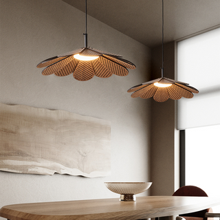 Boho rattan ceiling lamp hanging in living room — adjustable LED