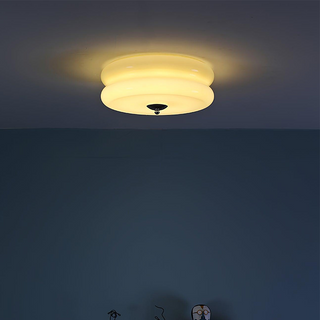 Art Deco Ceiling Light - LED Cream Cake Lamp With Glass Shade & Jade Finish