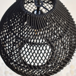 Boho black wicker ceiling lamp with handwoven rattan