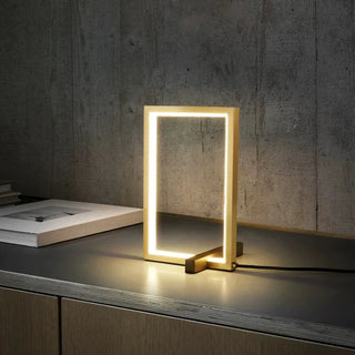 Minimalist walnut lamp — copper square LED warm ambient