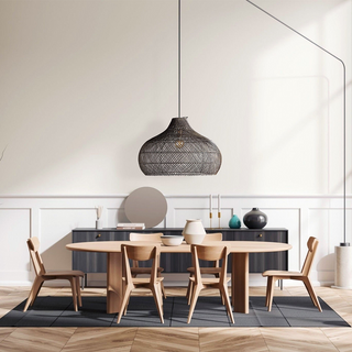 Cage-shaped rattan pendant for contemporary kitchen island