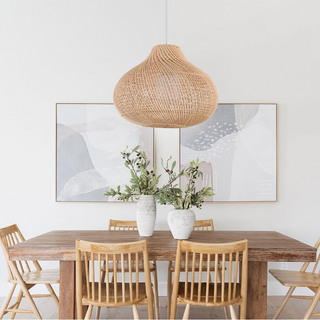 Boho rattan pendant with wood finish hanging — warm ceiling lamp