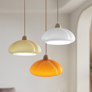 Glass pumpkin pendant from below — vintage adjustable E27 fixture