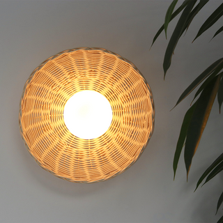 Rustic bamboo rattan wall lamp angle — glass globe sconce
