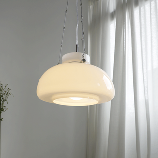 Vintage milk glass pendant in retro-inspired kitchen