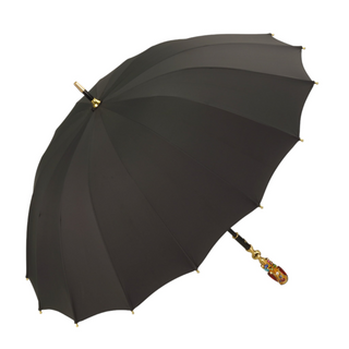 Handmade black jacquard umbrella gold crystal handle front