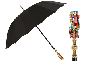 Limited edition black jacquard canopy goldplated crystal handle Italian men's umbrella front