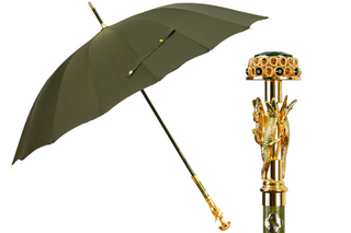 Luxury dark green 24K gold handle handmade Italian men's umbrella front view