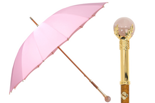 Pink designer Italian umbrella – gold plated quartz stone handle front