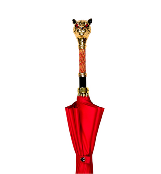 Luxury limited edition red jacquard canopy 24K gold panther handle Italian umbrella close-up