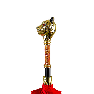 Luxury limited edition red jacquard canopy 24K gold panther handle Italian umbrella detail