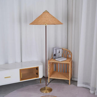 Rattan floor lamp setting — vintage tall woven wide view