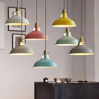Colorful iron pendant close-up — round kitchen island hanging lamp
