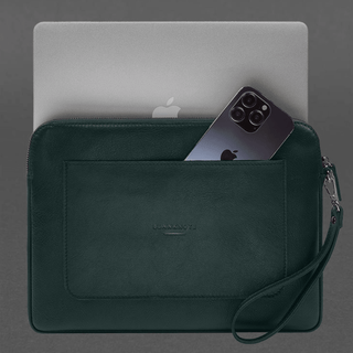 leather macbook case macbook pro 13 zipper pocket wrist strap lifestyle view