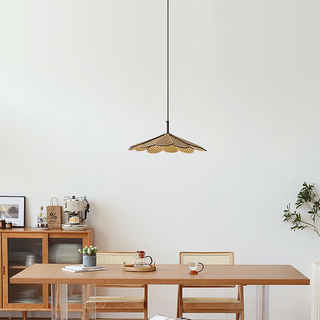 LED rattan pendant in interior — boho adjustable ceiling lamp