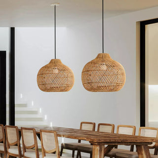 Wicker basket pendant — handmade boho rattan lamp