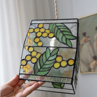 Vintage colorful glass chandelier side view — adjustable pendant