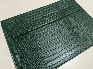 pu leather laptop sleeve crocodile texture plush interior built-in stand lifestyle view