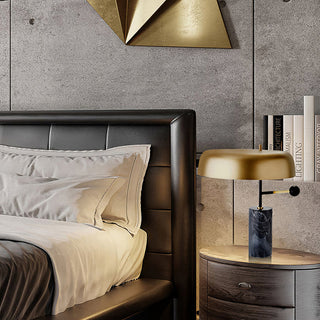 Modern black lamp setting — marble base gold shade wide