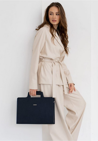 women leather laptop bag spacious business briefcase shoulder strap angle view