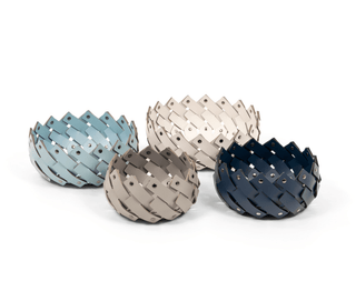 woven leather basket chrome pins decorative bathroom storage detail