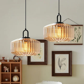 Mid-century pendant showing striped glass shade detail