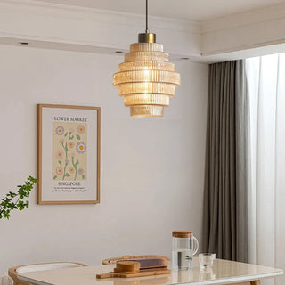 Suspension en laiton – Lustre vintage avec abat-jour en verre rayé et cordon réglable