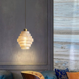 Brass pendant with ribbed glass shade — Art Deco inspired