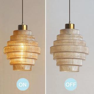 Suspension en laiton – Lustre vintage avec abat-jour en verre rayé et cordon réglable