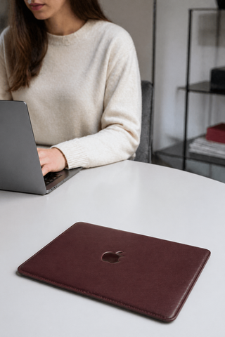 leather macbook pro sleeve handmade 14 inch laptop cover apple logo detail