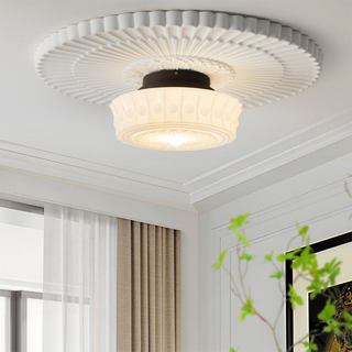 Round white pendant over kitchen island — vintage style