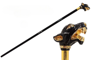 Gold plated hand-enamelled dog head handle black lacquered shaft Italian walking cane front view