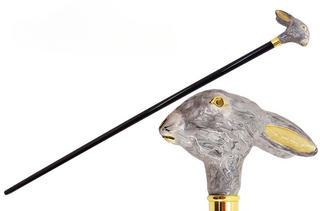 Bunny head 24K gold plated accent rubber tip designer Italian walking cane front view