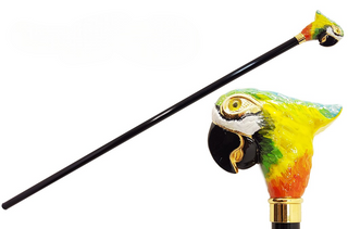 Hand-painted parrot handle gold accent designer Italian walking stick front view