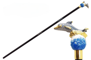 Hand-painted dolphin handle 24K gold enamelled Italian walking cane front view