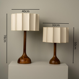 Retro walnut fabric lamp wide view — LED warm bedside
