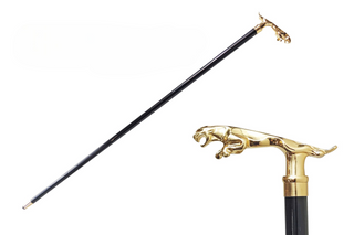 Gold plated jaguar handle black beechwood handcrafted Italian walking stick front view