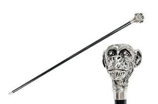Silver sculpted monkey handle black beechwood Italian luxury walking cane front view