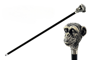 Hand-painted monkey ivory lacquered silver-plated Italian walking stick front view