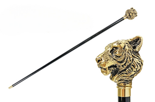 Gold plated tiger design black beechwood handcrafted Italian walking stick front view