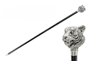Silver plated tiger handle handmade Italian walking stick front view