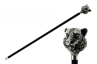 Hand-painted tiger design black lacquered Italian walking cane front view