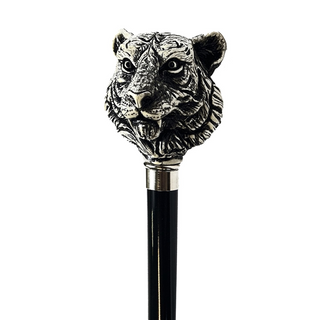 Hand-painted tiger design black lacquered Italian walking cane close-up