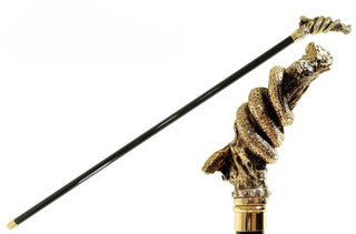Gold plated snake handle crystal Italian handcrafted walking cane front view